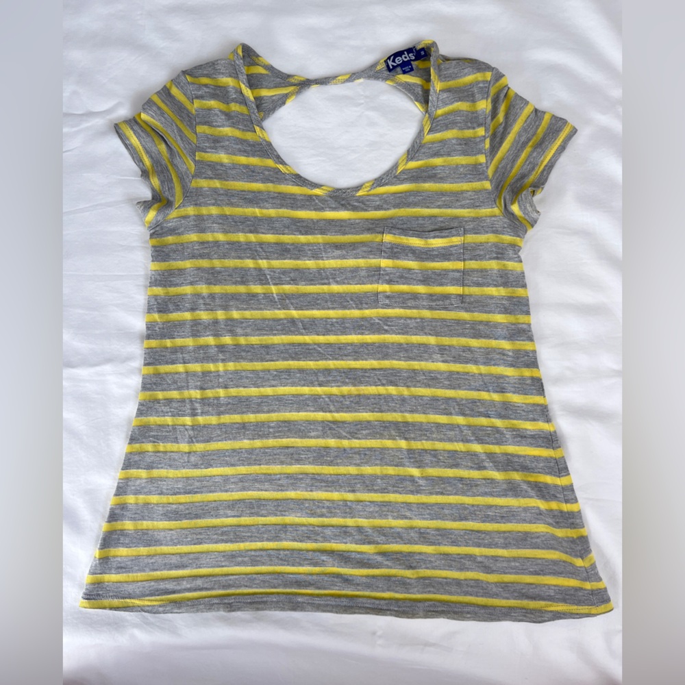 Keds Yellow and Grey Stripped Short Sleeve Shirt Size Small